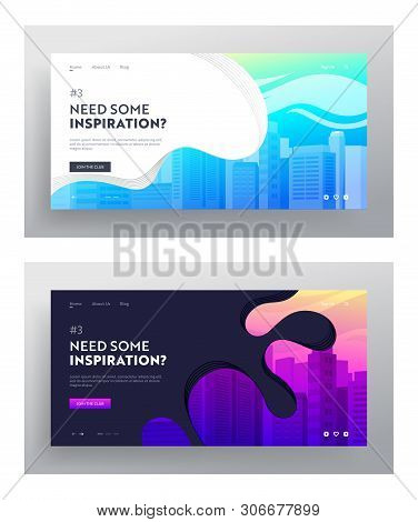 City Buildings Website Landing Page Set. Town Apartment Banner, Cityscape And Modern Townscape, Urba