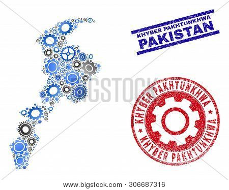Wheel Vector Khyber Pakhtunkhwa Province Map Collage And Seals. Abstract Khyber Pakhtunkhwa Province