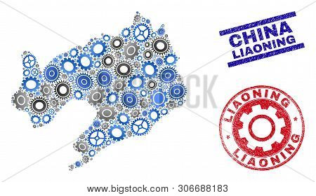 Mechanics Vector Liaoning Province Map Collage And Stamps. Abstract Liaoning Province Map Is Done Wi