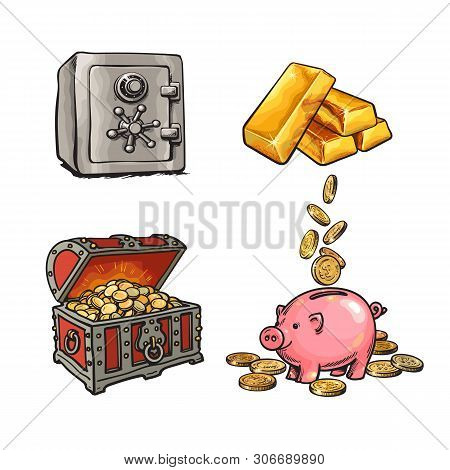 Finance, Money Set. Metal Bank Safe, Gold Bars, Old Treasure Chest With Gold Coins, Piggy Bank With 
