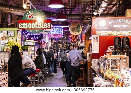 Philadelphis, Pennsylvania, Usa - 26 April 2019: Customers Inside Reading Terninal Market Sitting At
