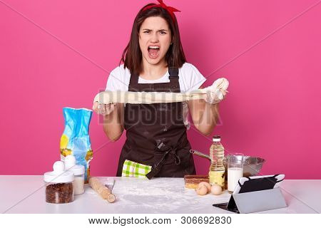 Emotional Expressive Woman In Kitchen, Shouting Female Surrounded With Tools For Cooking Food, Lady 