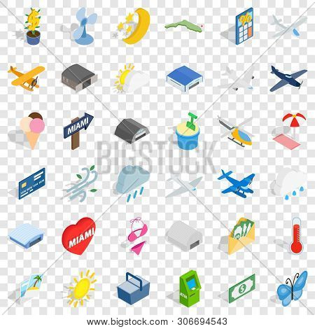 Miami Icons Set. Isometric Style Of 36 Miami Vector Icons For Web For Any Design