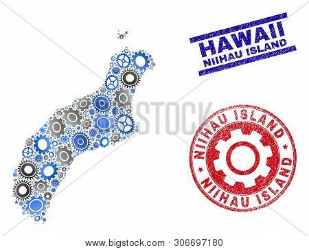 Gear Vector Niihau Island Map Composition And Seals. Abstract Niihau Island Map Is Constructed Of Gr