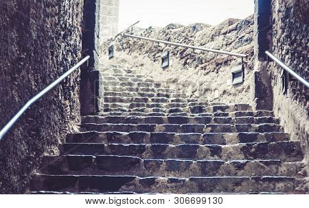 Stone Staircase At The Entrance To The Acicastello - Ancient Norman Castle In Acitrezza, Catania, Si