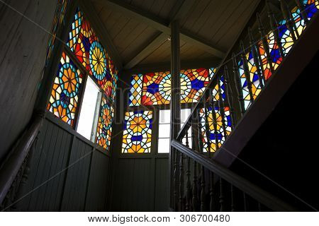 Tbilisi, Georgia - May 3, 2019: Detail Of The Stained Glass Window In Tbilisi, Georgia. This House I