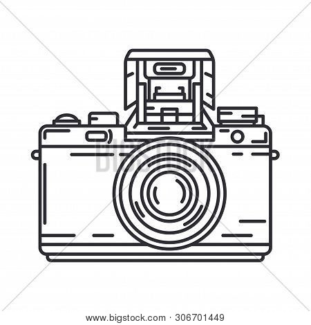 Line Vector Icon With Digital Slr Professional Camera. Photography Art. Megapixel Photocamera. Carto