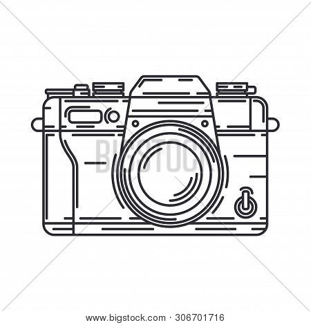 Line Vector Icon With Digital Slr Professional Camera. Photography Art. Megapixel Photocamera. Carto