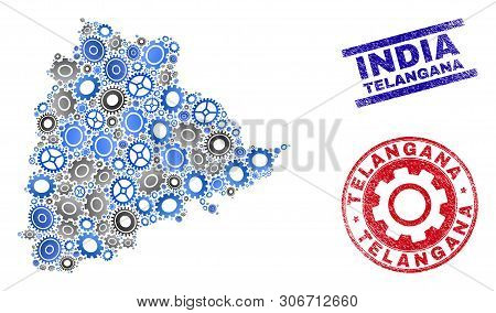Workshop Vector Telangana State Map Composition And Stamps. Abstract Telangana State Map Is Formed O