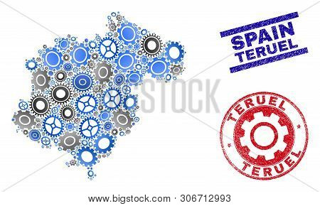 Industrial Vector Teruel Province Map Mosaic And Seals. Abstract Teruel Province Map Is Organized Fr