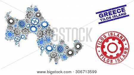 Workshop Vector Tilos Island Map Composition And Seals. Abstract Tilos Island Map Is Composed With G