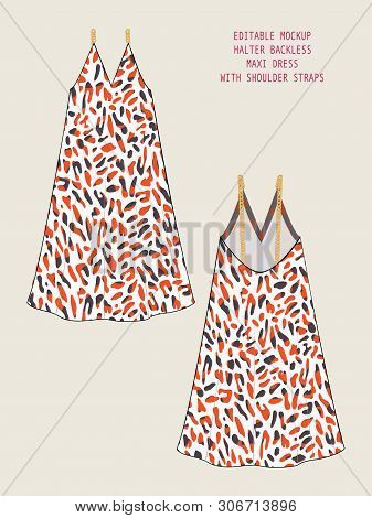 Editable Vector Mockup For Showcasing Fabric Pattern Design. Technical Illustration Of Deep V Neck B