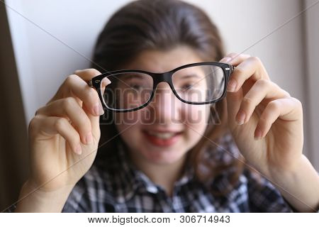 Teenager Shortsighted Girl With Myopia Wearing New Sight Correction Glasses