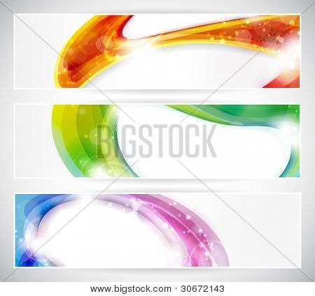 Set of abstract colorful web headers made of overlying abstract shapes with light effects. Space for your text.