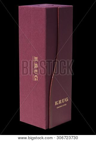 Box Of Krug French Luxury Champagne Isolated On Black. Copenhagen, Denmark - June 16, 2019.