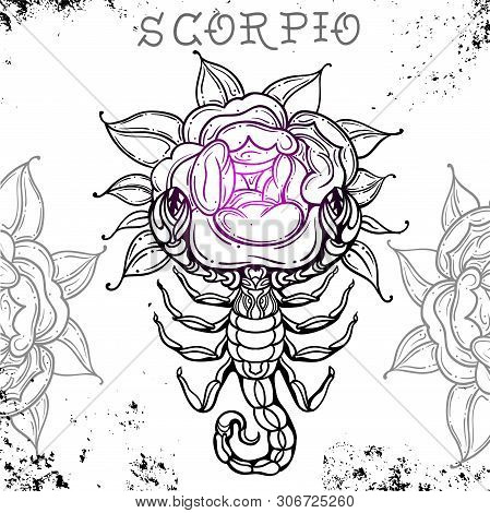 Beautiful Line Art Filigree Zodiac Symbol. Black Sign On Vintage Background. Vector Clipart. Elegant