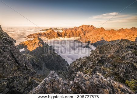 Mountains Landscape With Inversion In The Valley At Sunset As Seen From Rysy Peak In High Tatras, Sl