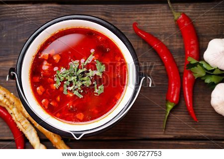 Traditional Hungarian Goulash Soup Bogracs In Metal Bowl. Nourishing And Delicious National Food, Et