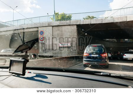 Paris, France - May 14, 2014: Driver Pov Point Of View Personal Perspective At The Traffic Jam Front