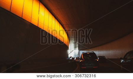 Driver Pov Point Of View Personal Perspective At The Traffic Jam Front Driving Cars Inside The Tunne