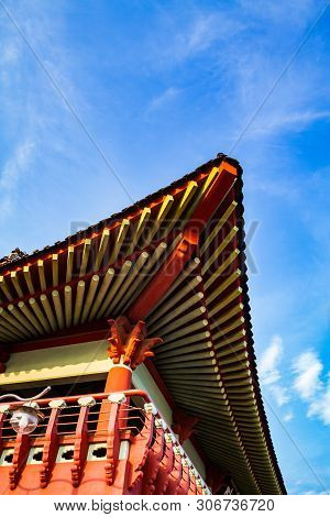 Detail Of The Roof Of A Historical Korean Building In Chinhae South Korea.