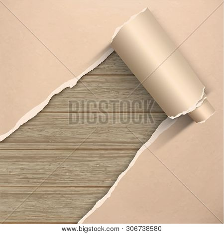 Torn Old Grunge Parchment  Craf Paper On Wooden Plank Wall. Classic Natural Background.