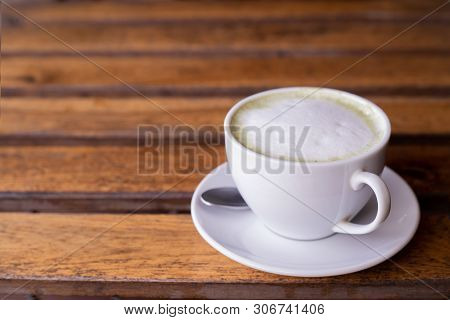 Cup Of Hot Green Tea Mucha On Wood Table, Hot Drink.