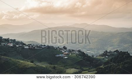 Summer Mountain Hills Landscape Sunset In North Of Thailand
