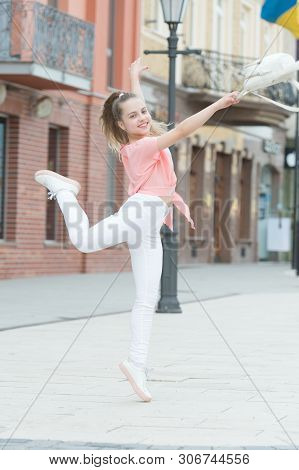 Born A Dancer. Little Female Dancer Performing Choreography On Street. Small Cute Girl Dancer Dancin
