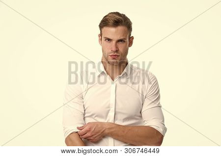 Man Well Groomed Unbuttoned White Collar Elegant Shirt Isolated White Background. Macho Confident Re