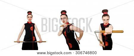 Funny woman with nunchucks isolated on white