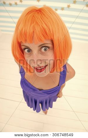 Crazy Girl Advertising Her Orange Hairstyle. Time For New Haircut. Hairstyle Advertising For Hairdre