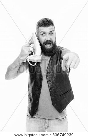 I Am Receiving You. Unshaven Brutal Man Pointing Finger With Steam Iron At Ear. Bearded Man Pretend 