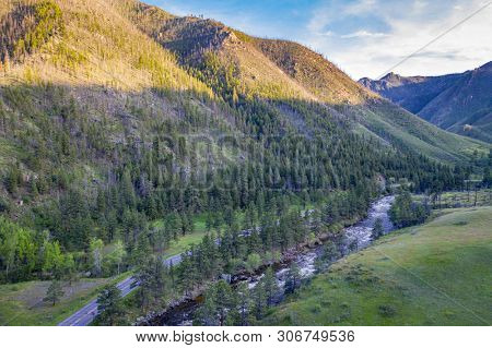 Poudre River and Canyon -aerial view with spring scenery