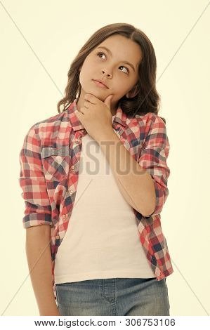 Kid Thoughtful Face Make Decision Isolated White. Child Cute Face Brunette Hair Thinking. Girl Casua