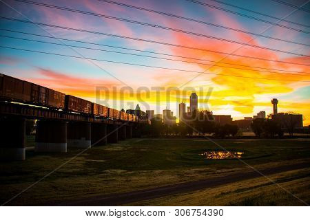 Golden Hour Sunrise With Pink Clouds Orange Bright Glow Over The Big City Dallas Texas Usa Skyline C