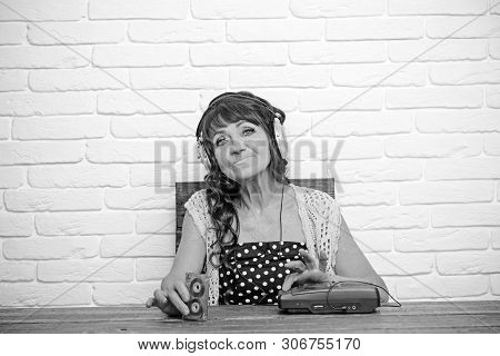Granny Dj In Headset With Cassette Player. Spy And Operator. Old Woman With Cassette Recorder Listen