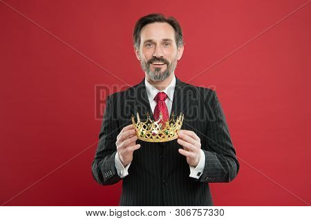 He Is A Big Boss Here. The Old Man Or Big Boss. Proud Boss. Big Boss Holding Jewelry Crown On Red Ba