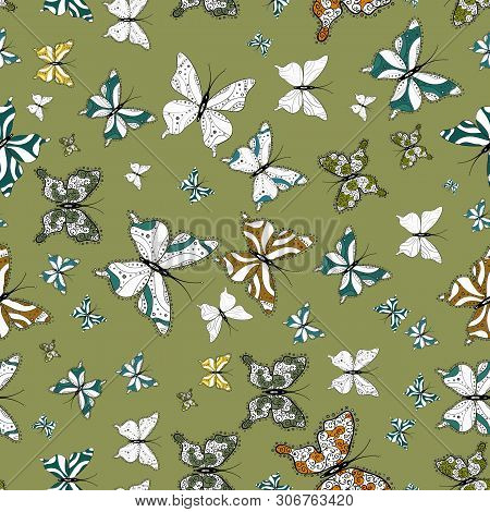 Children Butterfly Seamless Pattern. Art Butterflies On Green, Neutral And White Colors. Vector. Cut