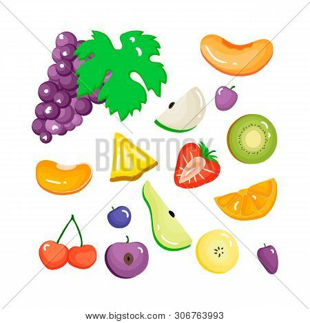 Cartoon Fruits Vector Collection. Sweet Summer Farm Products. Slice Of Fruits Set.