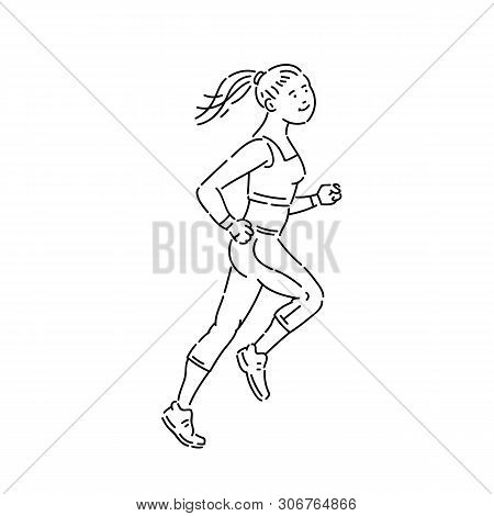 Young Girl Fitness Athlete Runs Vector Line Art Black White Flat Illustration.