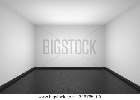 Empty Room With White Ceiling And Walls, Black Hardwood Parquet Floor And Soft Light, Simple Minimal