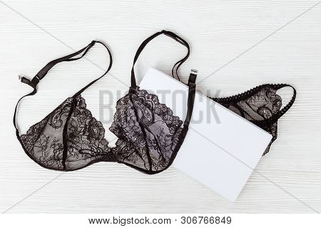 Black Guipure Underwear, Surprise For Woman He Loves. White Paper Box With Female Lingerie Set On Wo