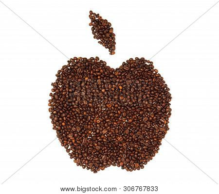 Isolated Roasted Coffee Beans In The Shape Of Apple On White, Top View