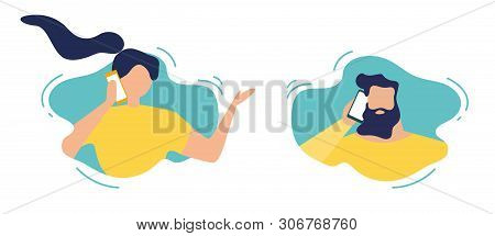 Cartoon Man And Woman Characters In Speech Bubbles Talk Phone. Telephone Addiction. Faceless Couple,