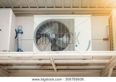 Air Conditioning Compressor for Cooling System Installation Outside Supermarket Shop Building, Electric Air Conditioner and Fan Coils Unit Systems., Controller Climate Temperature Machine Equipment.