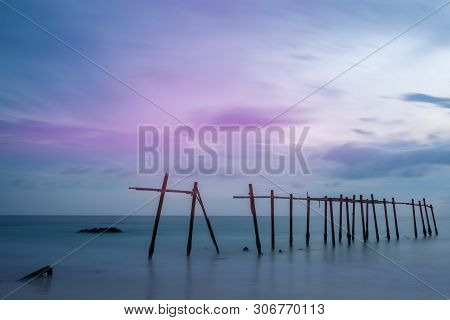 Broken Wooden Fisfing Bridge During Sunset At Khao Pilai In Phang Nga, Southern Of Thailand