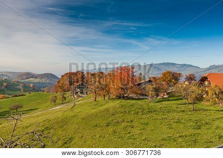 Amazing Autumn Panorama In Switzerland Apls Near Town Of Interlaken, Canton Of Bern