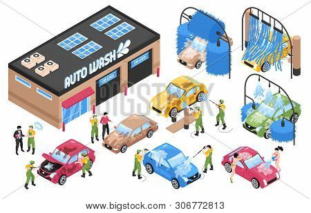 Isometric Car Washing Services Set With Isolated Wash Station Buildings And Machinery With Cars And 