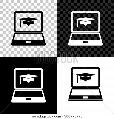 Graduation Cap And Laptop Icon. Online Learning Or E-learning Concept Icon Isolated On Black, White 